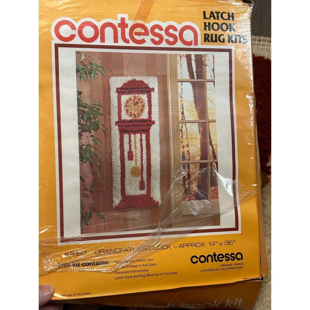 Vintage Contessa Grandfather Clock Latch Hook Rug Wall Hanging 14x36 70s Kitsch